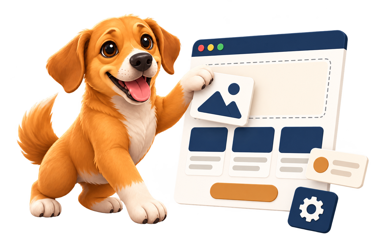Mascote CaramelCloud ao lado de uma interface visual de criação de sites
